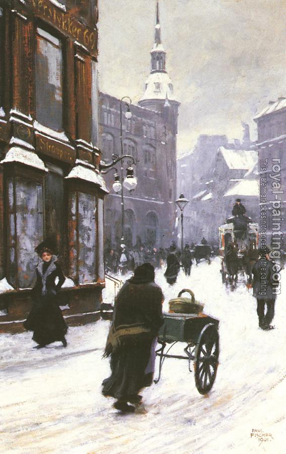 Paul Fischer : A Street Scene In Winter, Copenhagen